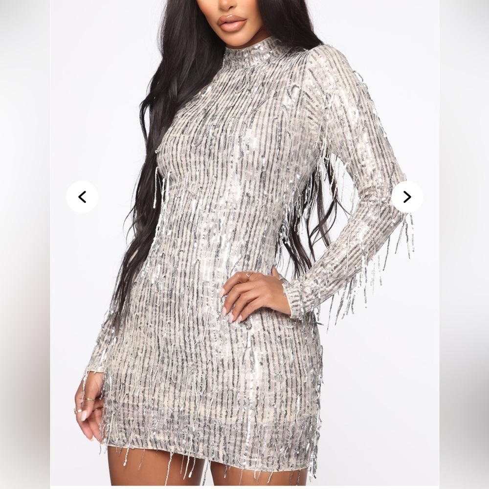 Fashion Nova Silver Long Sleeve Sequin Dress